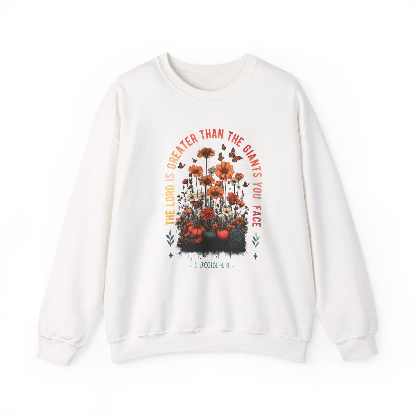 Inspirational Floral Crewneck Sweatshirt - 'The Lord is Greater Than the Giants You Face'