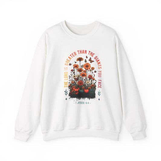 Inspirational Floral Crewneck Sweatshirt - 'The Lord is Greater Than the Giants You Face'