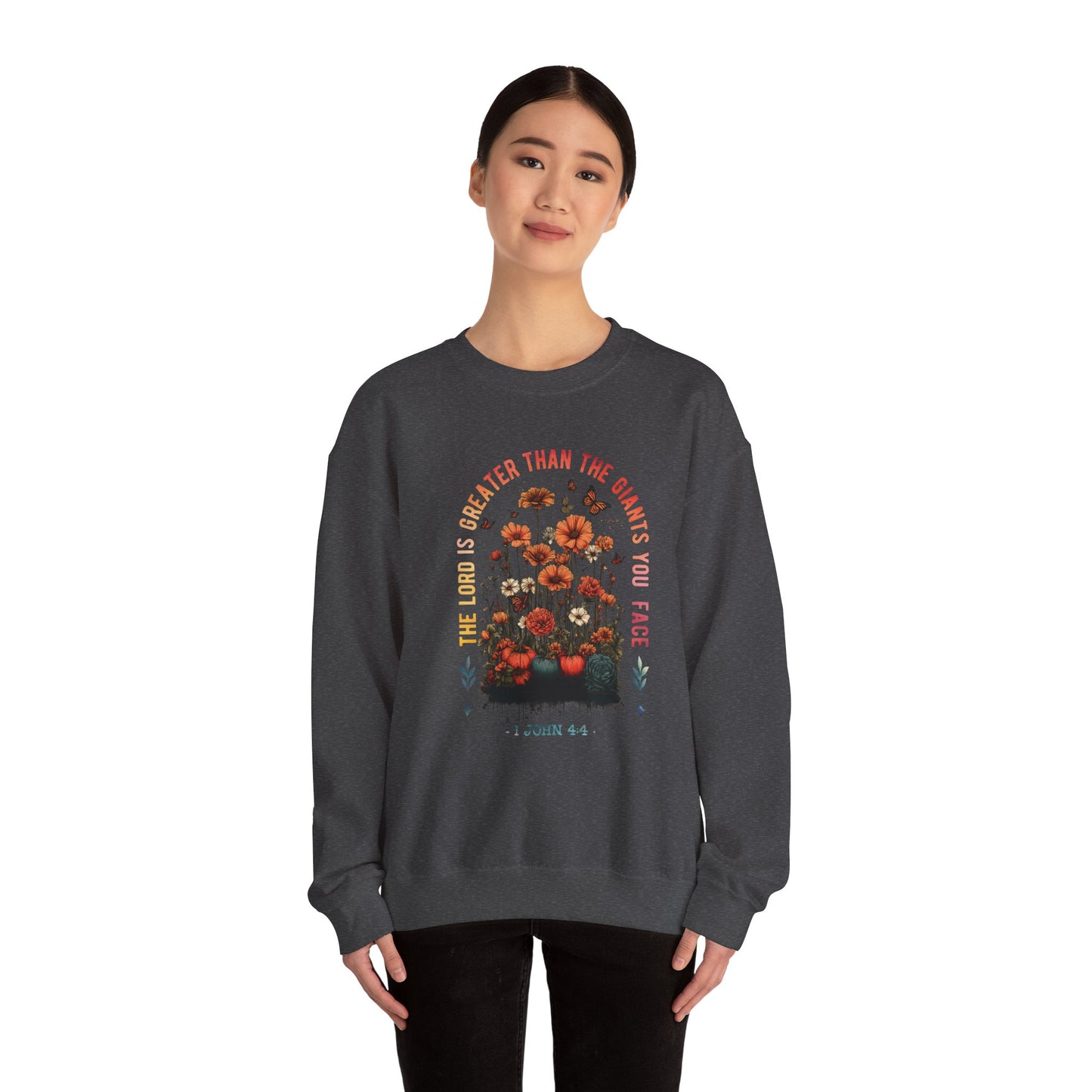 Inspirational Floral Crewneck Sweatshirt - 'The Lord is Greater Than the Giants You Face'