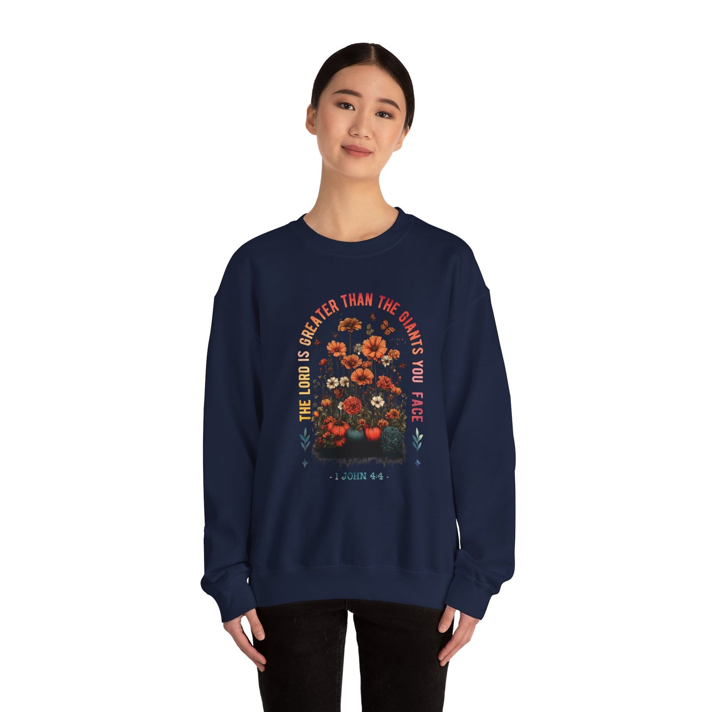 Inspirational Floral Crewneck Sweatshirt - 'The Lord is Greater Than the Giants You Face'