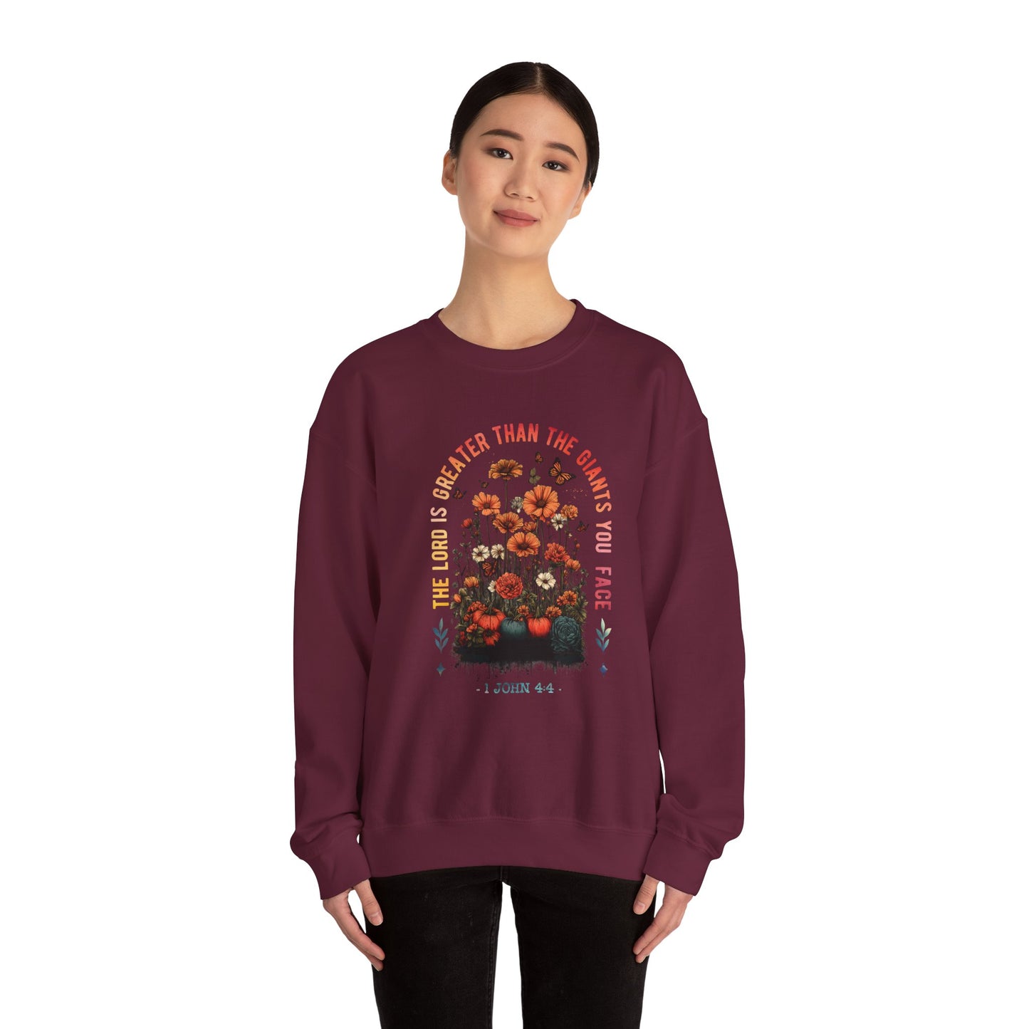 Inspirational Floral Crewneck Sweatshirt - 'The Lord is Greater Than the Giants You Face'