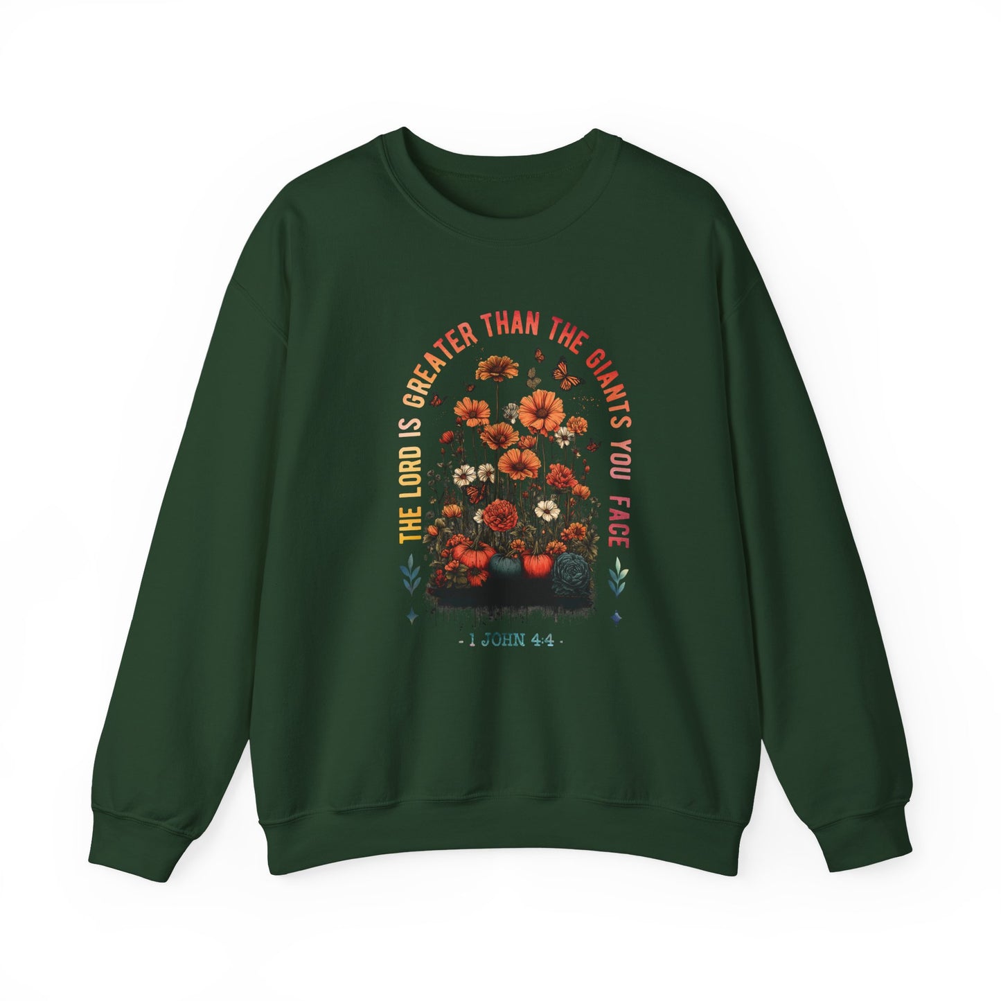 Inspirational Floral Crewneck Sweatshirt - 'The Lord is Greater Than the Giants You Face'