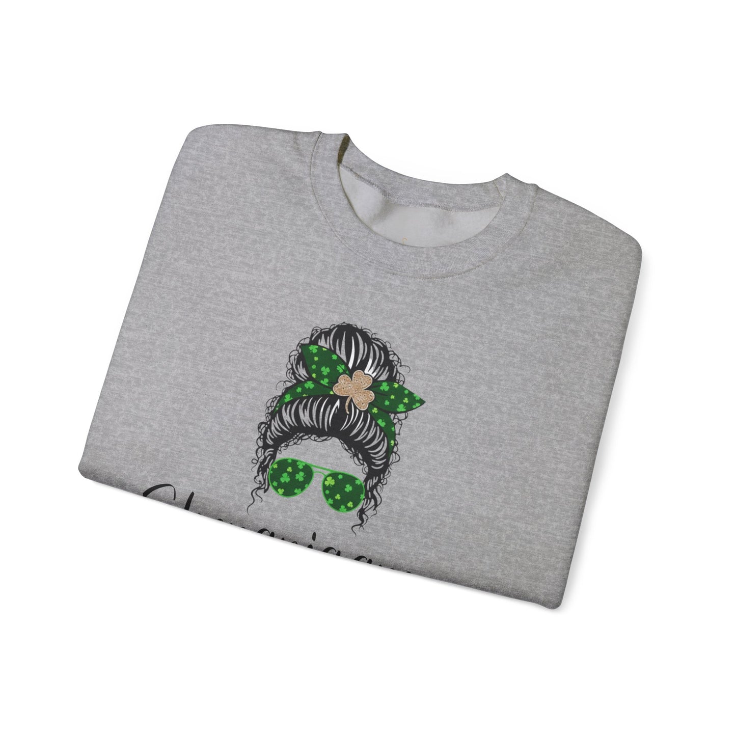 Shenanigans Director Crewneck Sweatshirt – St. Patrick’s Day Messy Bun Shamrock Design