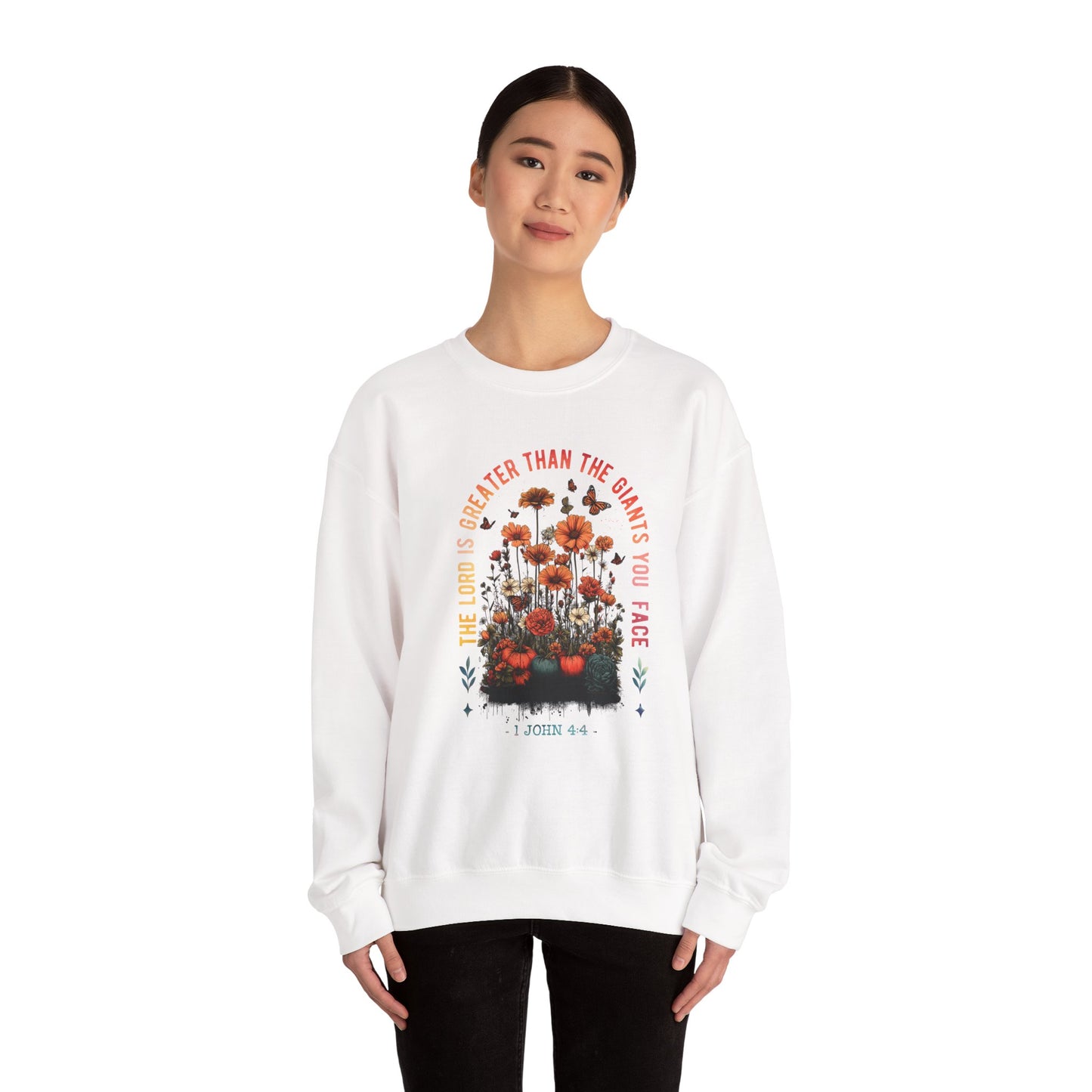 Inspirational Floral Crewneck Sweatshirt - 'The Lord is Greater Than the Giants You Face'
