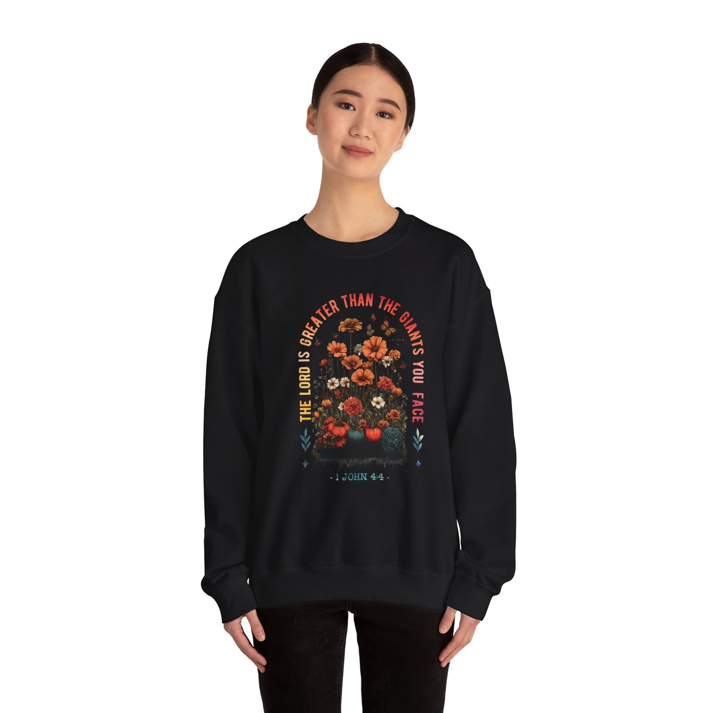 Inspirational Floral Crewneck Sweatshirt - 'The Lord is Greater Than the Giants You Face'