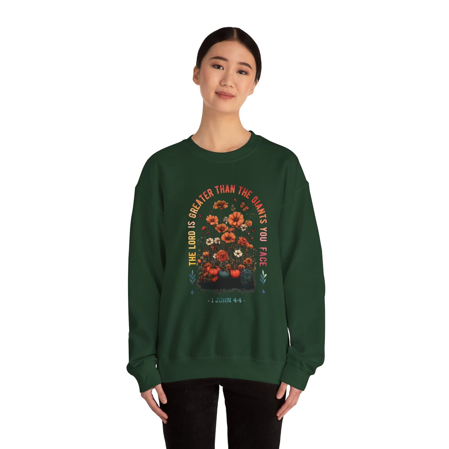 Inspirational Floral Crewneck Sweatshirt - 'The Lord is Greater Than the Giants You Face'