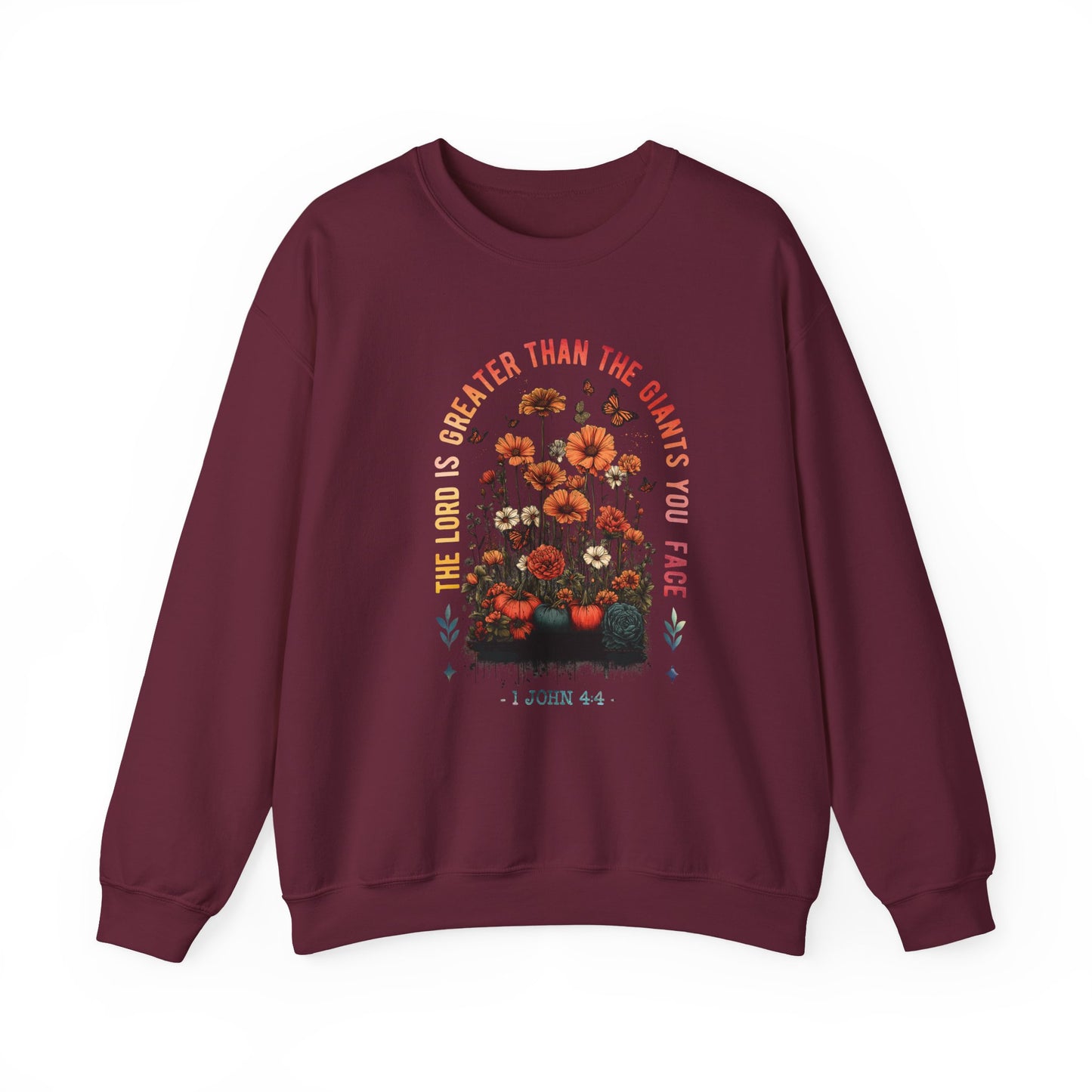 Inspirational Floral Crewneck Sweatshirt - 'The Lord is Greater Than the Giants You Face'