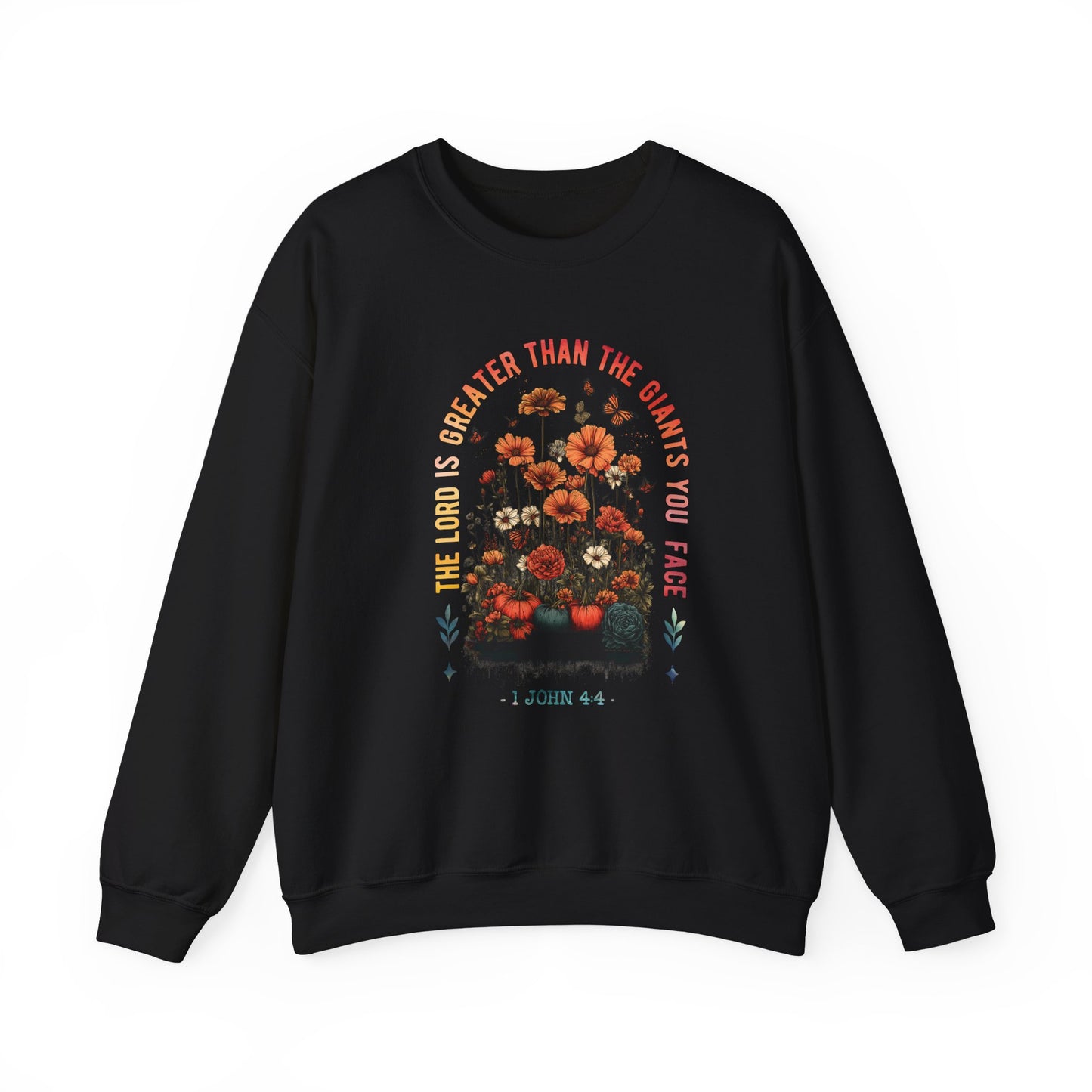 Inspirational Floral Crewneck Sweatshirt - 'The Lord is Greater Than the Giants You Face'