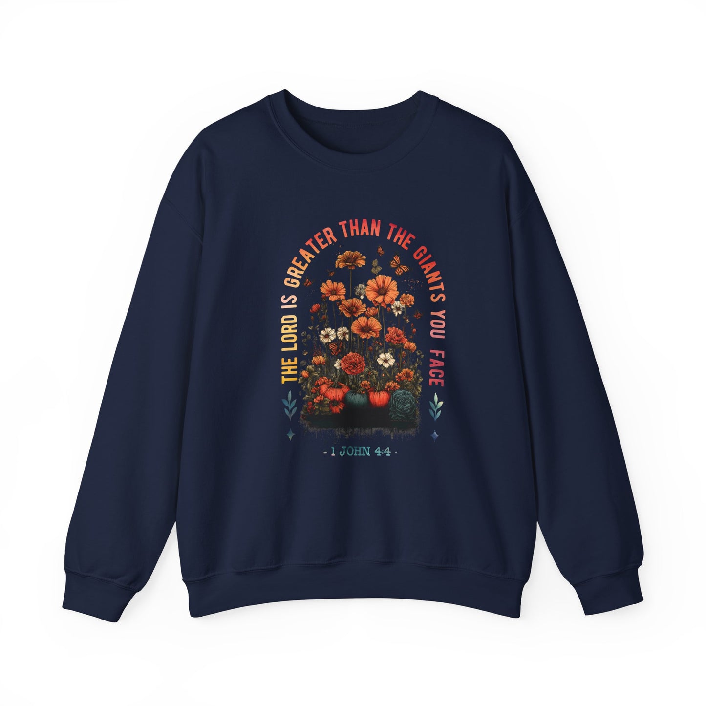 Inspirational Floral Crewneck Sweatshirt - 'The Lord is Greater Than the Giants You Face'