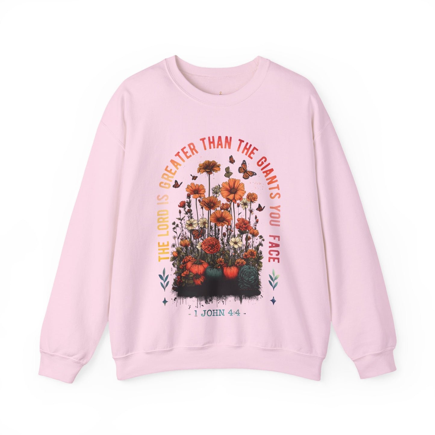 Crewneck Sweatshirt — “The Lord Is Greater Than The Giants You Face” Floral Scripture Design