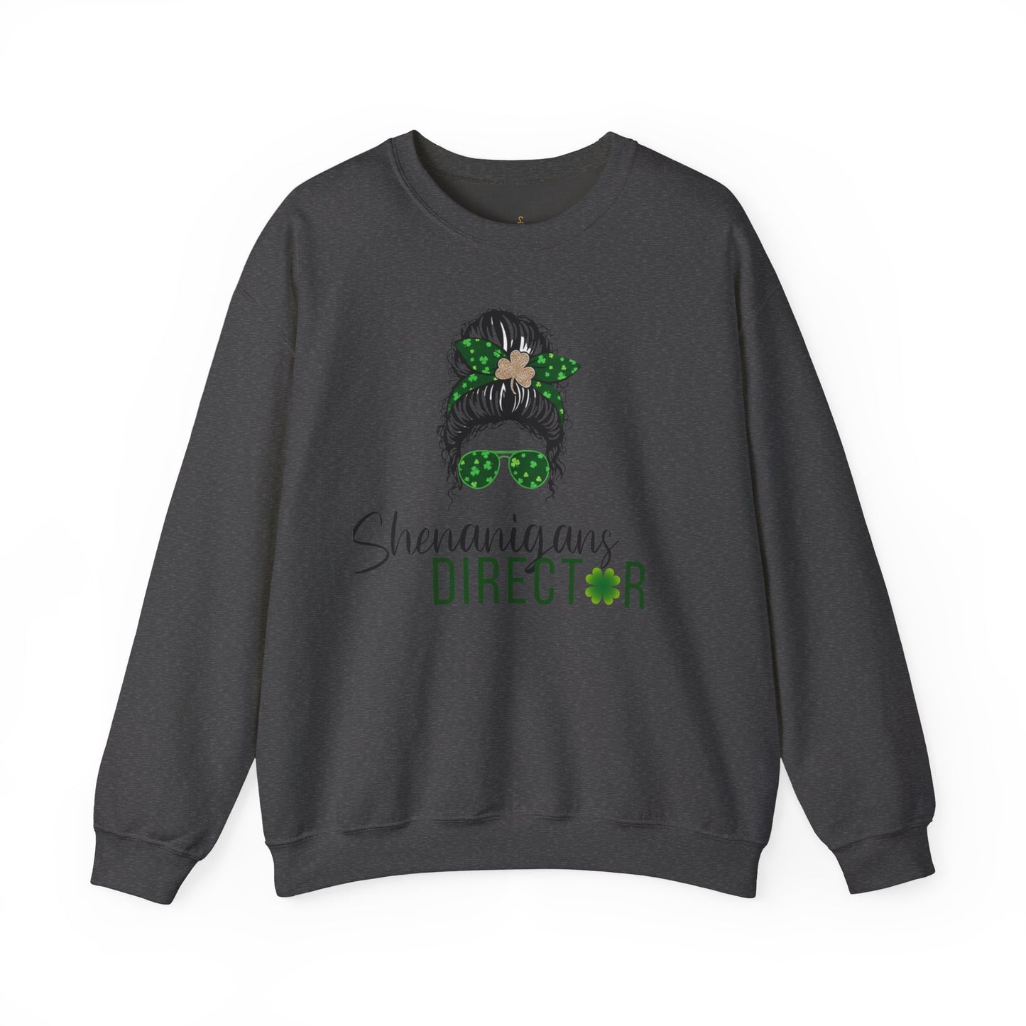 Shenanigans Director Crewneck Sweatshirt – St. Patrick’s Day Messy Bun Shamrock Design