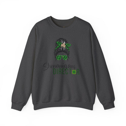 Shenanigans Director Crewneck Sweatshirt – St. Patrick’s Day Messy Bun Shamrock Design
