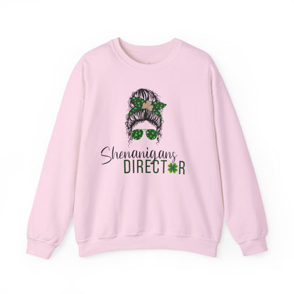 Shenanigans Director Crewneck Sweatshirt – St. Patrick’s Day Messy Bun Shamrock Design