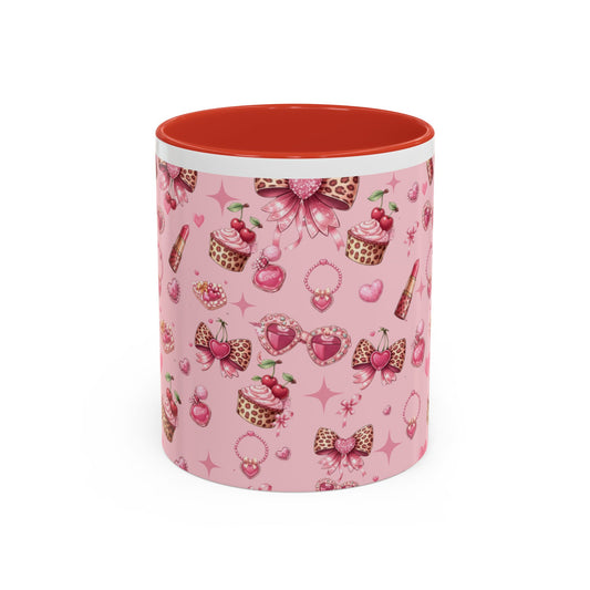 "Leopard Bow Mug with Cherries - Cute Pink Coffee Mug | Aesthetic Girly Mug | Animal Print Mug Gift"