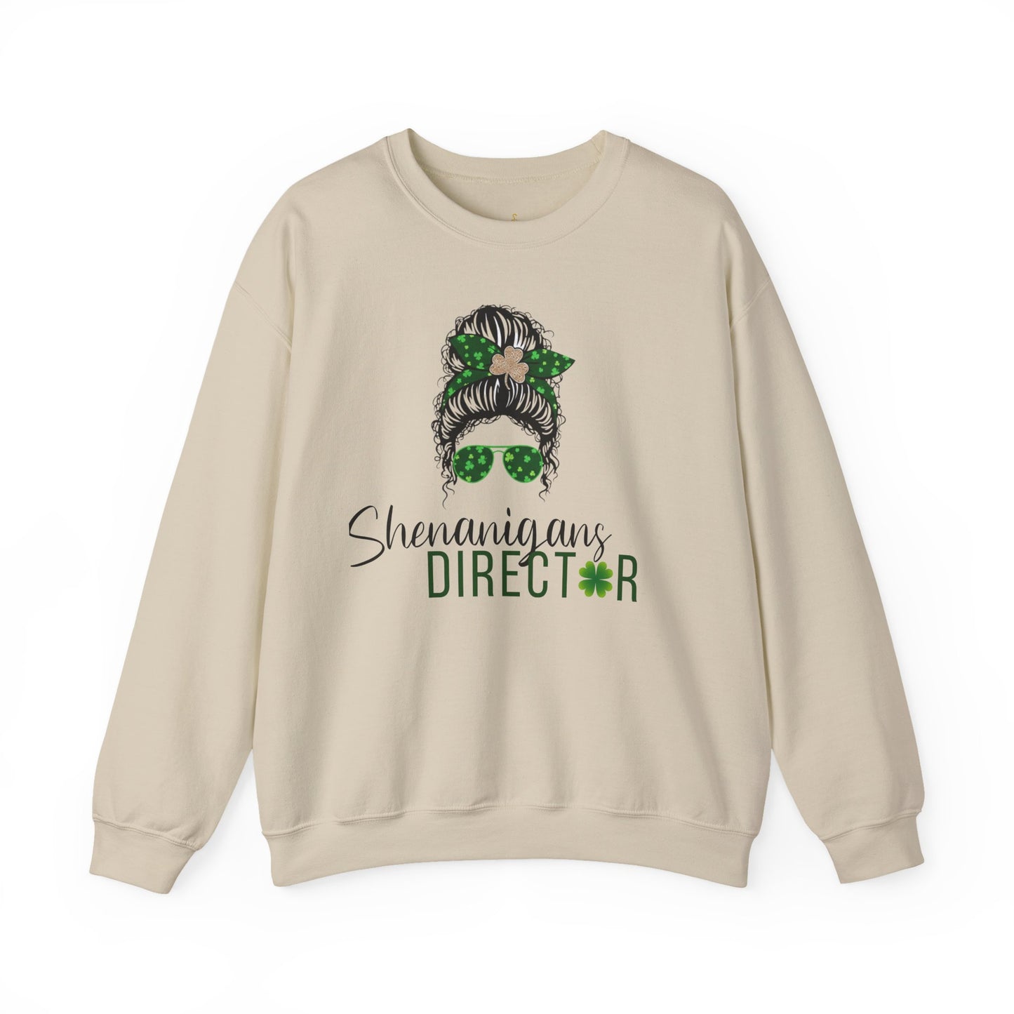 Shenanigans Director Crewneck Sweatshirt – St. Patrick’s Day Messy Bun Shamrock Design
