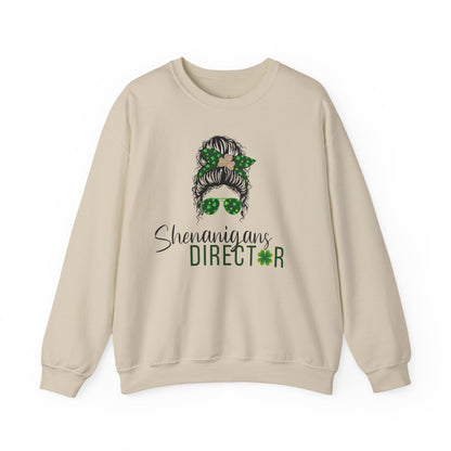 Shenanigans Director Crewneck Sweatshirt – St. Patrick’s Day Messy Bun Shamrock Design