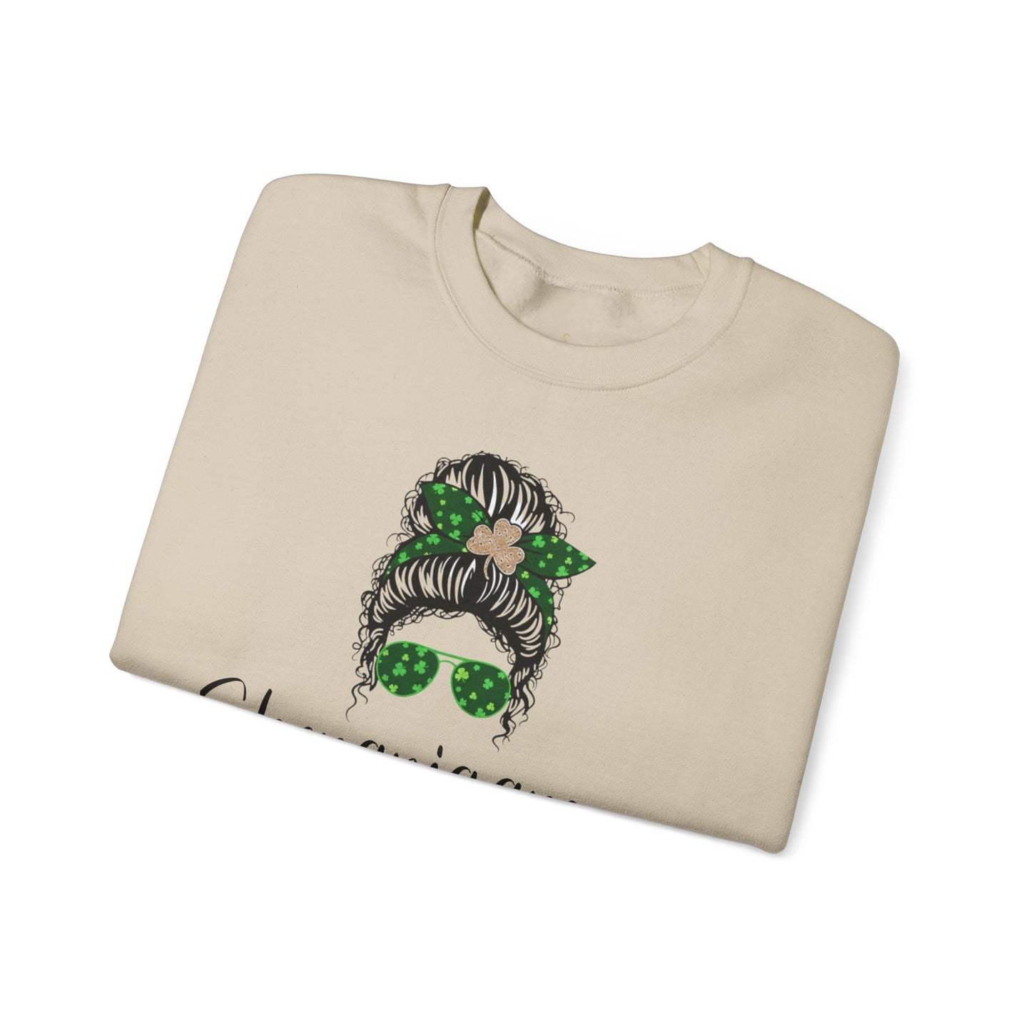 Shenanigans Director Crewneck Sweatshirt – St. Patrick’s Day Messy Bun Shamrock Design