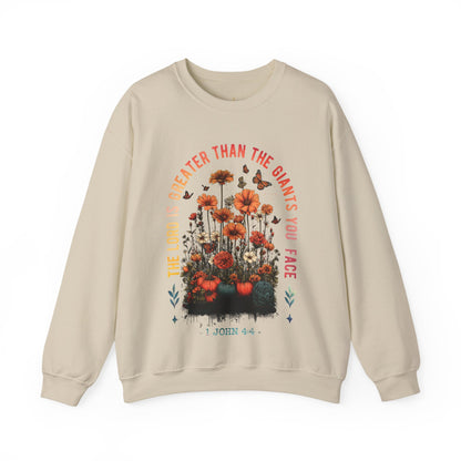 Crewneck Sweatshirt — “The Lord Is Greater Than The Giants You Face” Floral Scripture Design
