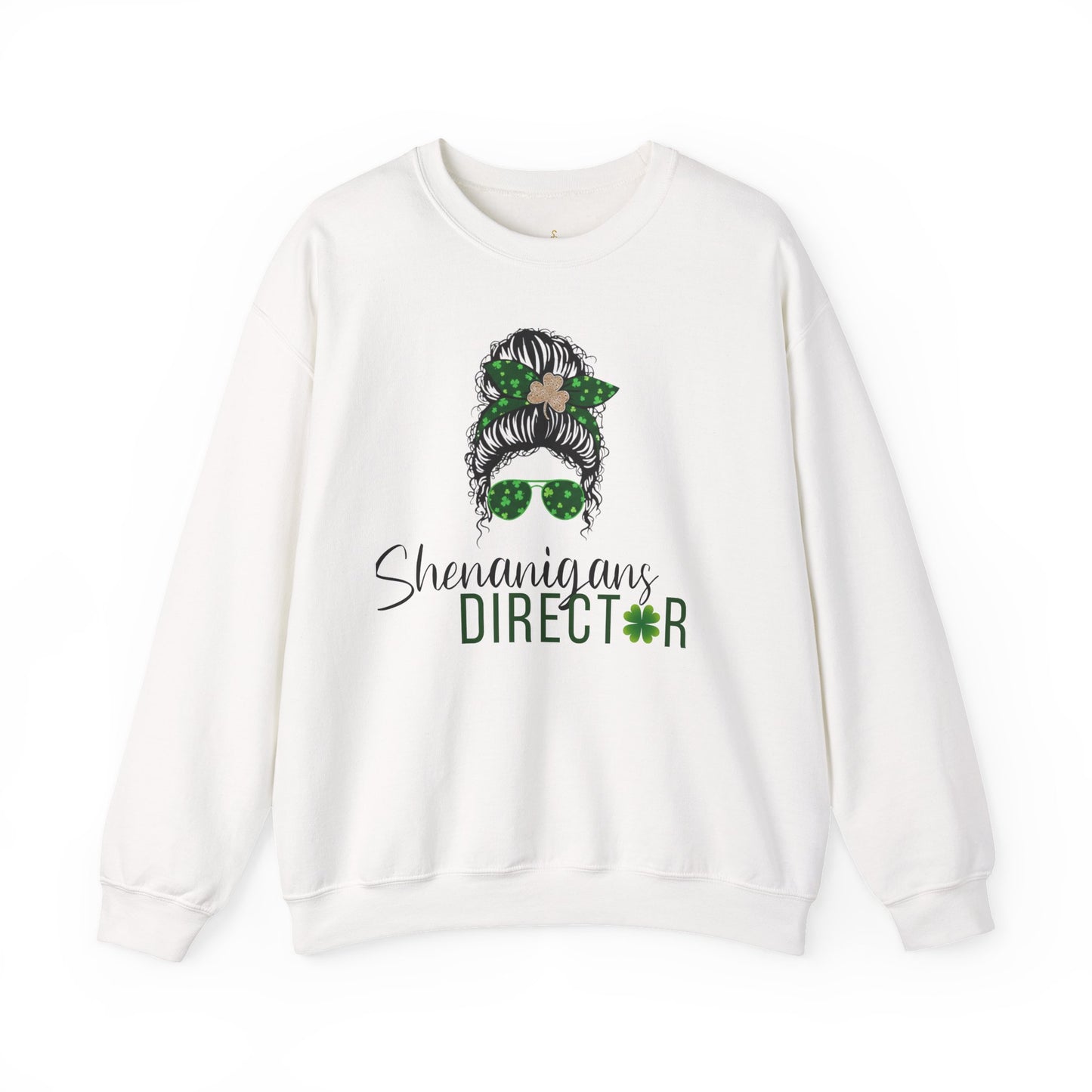 Shenanigans Director Crewneck Sweatshirt – St. Patrick’s Day Messy Bun Shamrock Design