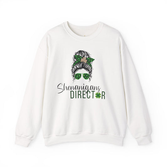 Shenanigans Director Crewneck Sweatshirt – St. Patrick’s Day Messy Bun Shamrock Design