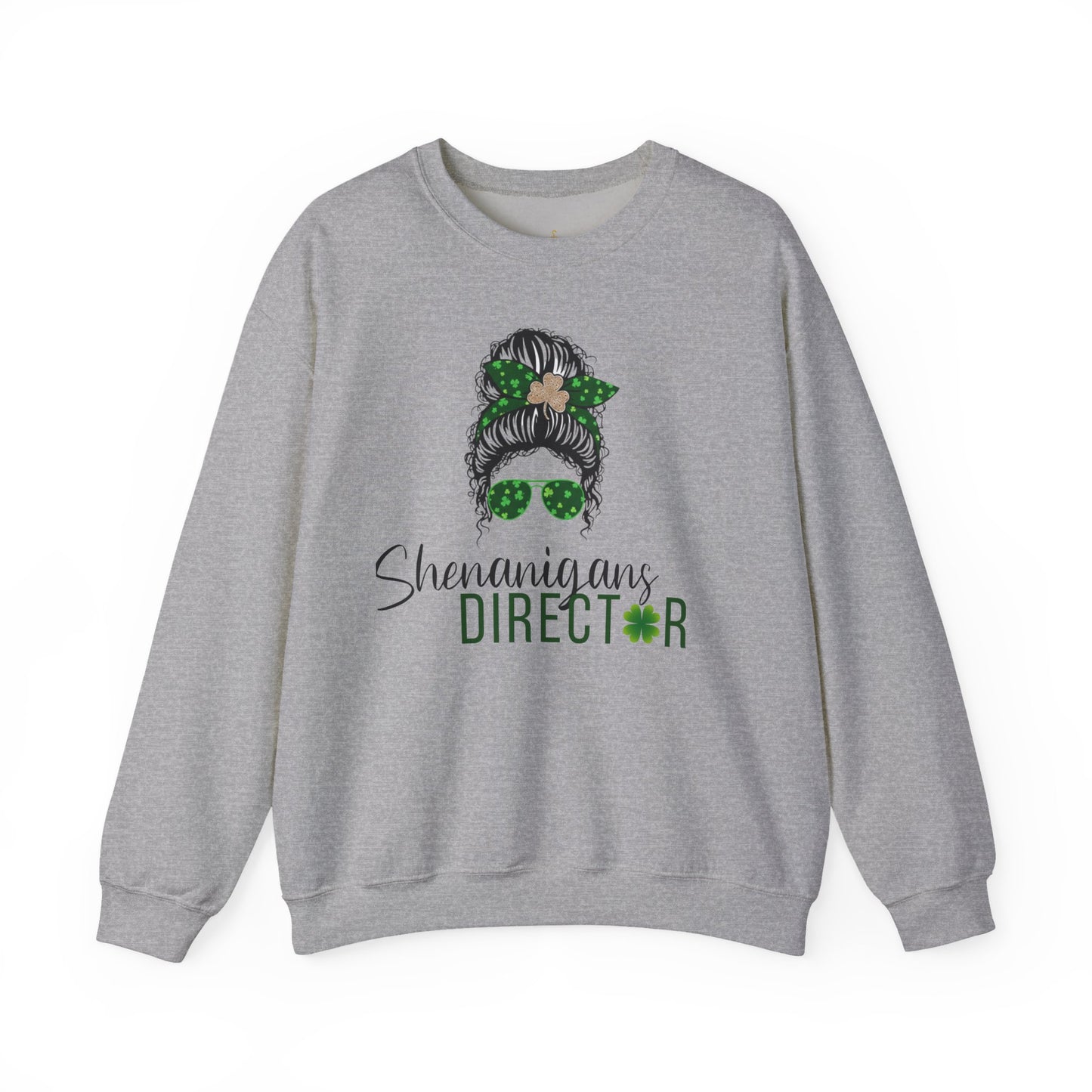 Shenanigans Director Crewneck Sweatshirt – St. Patrick’s Day Messy Bun Shamrock Design
