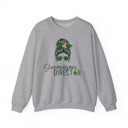 Shenanigans Director Crewneck Sweatshirt – St. Patrick’s Day Messy Bun Shamrock Design
