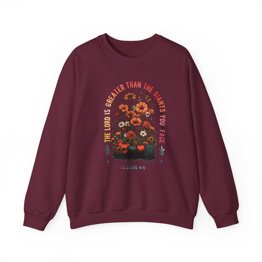 The Lord is Greater -  Inspirational Floral Crewneck Sweatshirt
