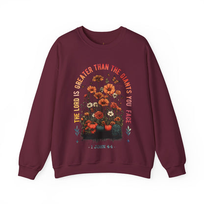 Crewneck Sweatshirt — “The Lord Is Greater Than The Giants You Face” Floral Scripture Design
