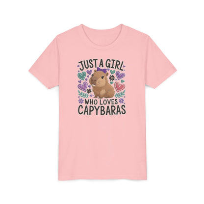 Youth Tee — “Just a Girl Who Loves Capybaras” Cute Capybara Graphic Shirt